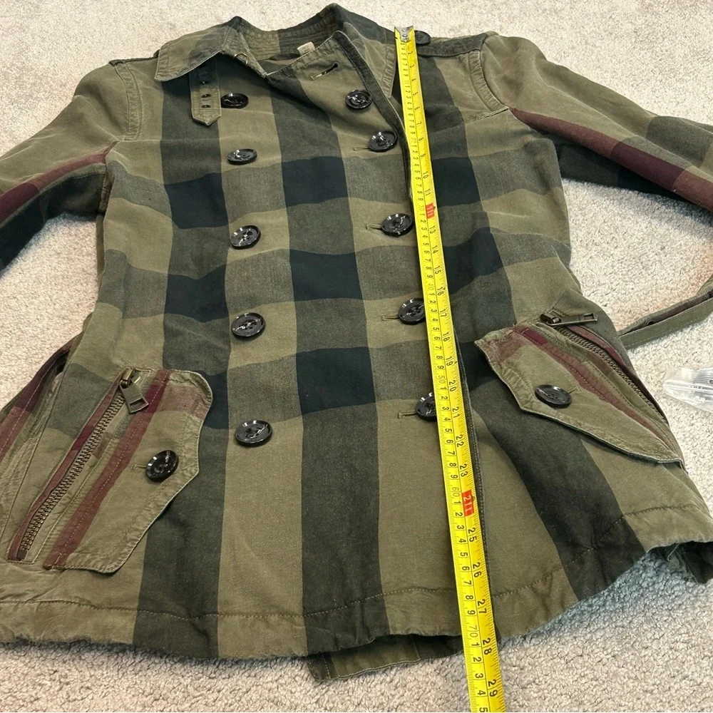 Burberry Brit Check Trench Coat Jacket double breasted Short Linen green belted - Picture 7 of 16